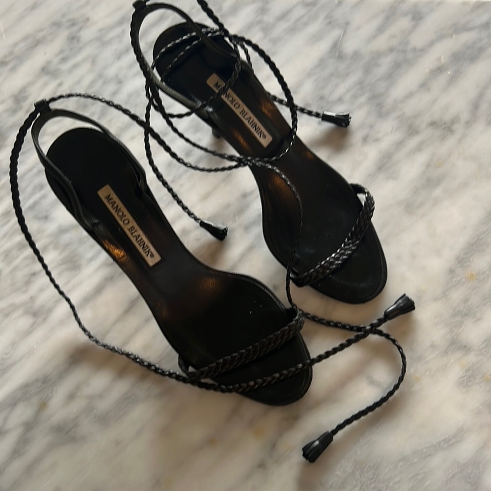 Manolo Blahnik Braided Tie Ankle Strappy Leather Heel